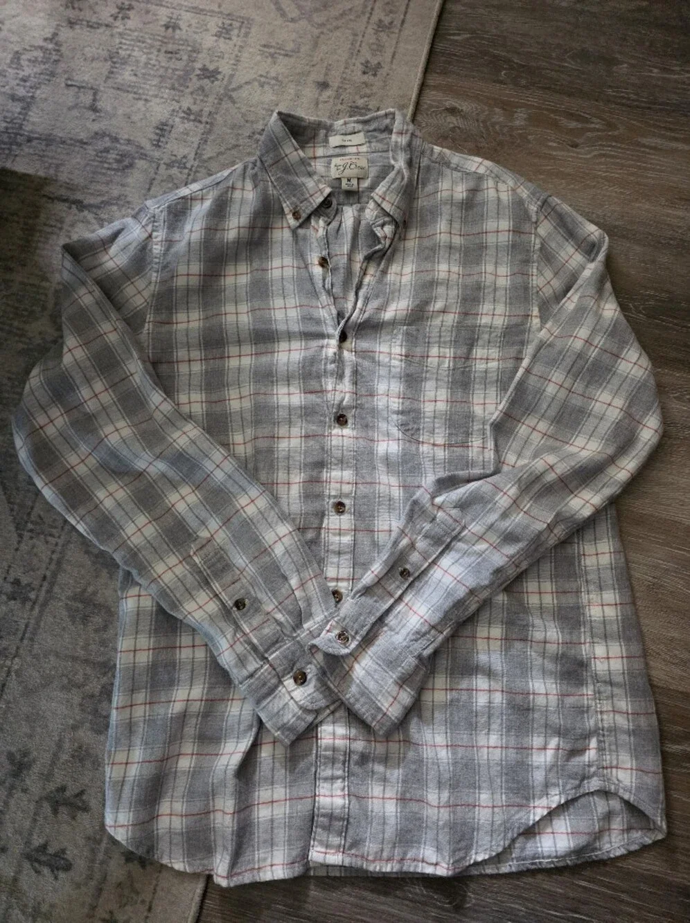 J. Crew Light Gray Plaid Button-Down Shirt with Red & Blue Accents